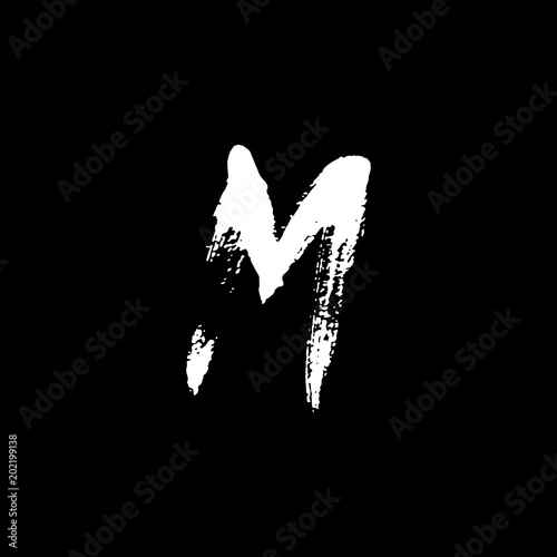 Letter M. Handwritten by dry brush. Rough strokes textured font. Vector illustration. Grunge style alphabet.