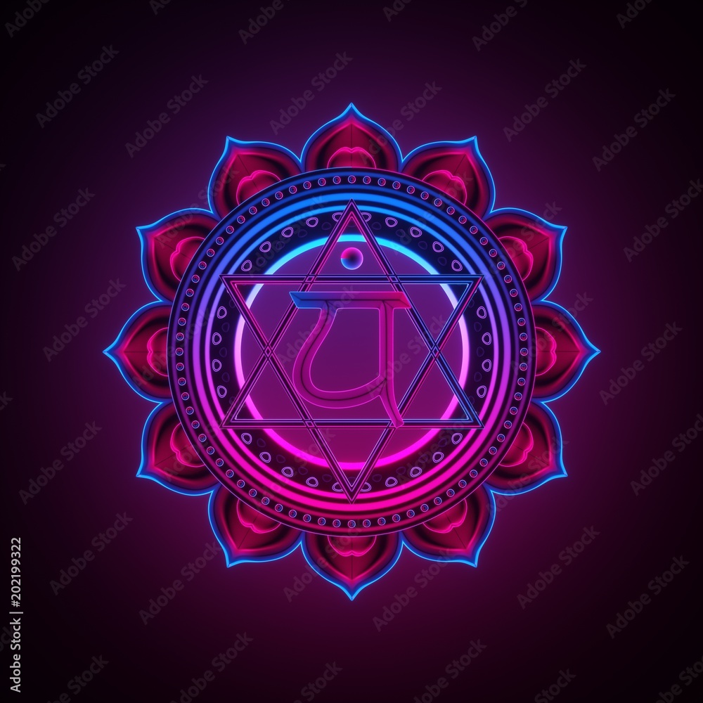 3d render, sacred geometry, Anahata chakra symbol, neon light abstract background, spiritual chackra symbol, religious sign, esoteric mandala, modern illustration