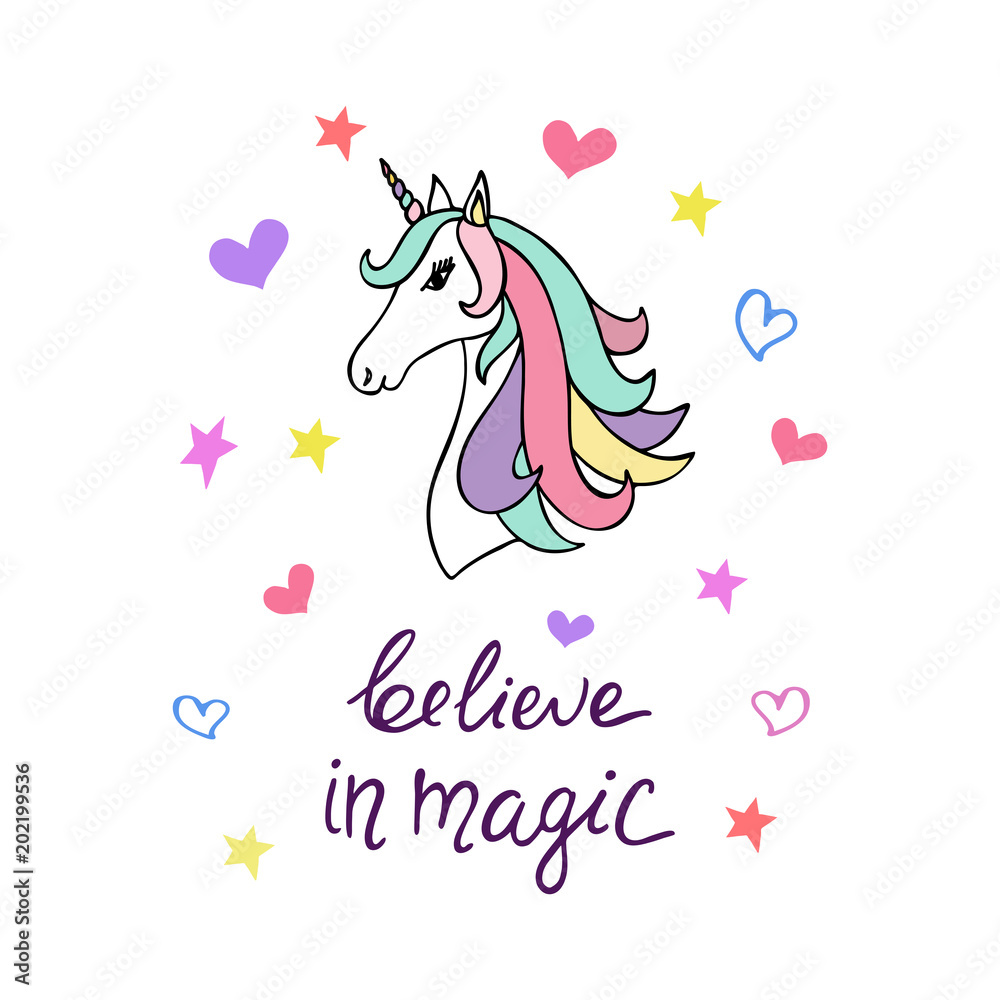 Fototapeta premium Cute unicorn with phrase believe in magic. 