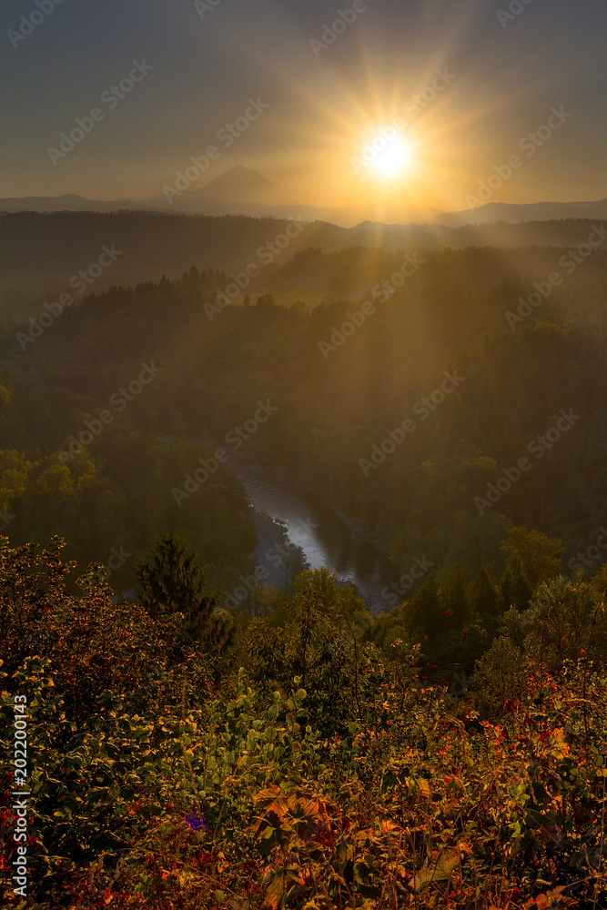 Sunrise over Mount Hood and Sandy River in Oregon one early morning Sunrise over Mount Hood and Sandy River in Oregon one early morning