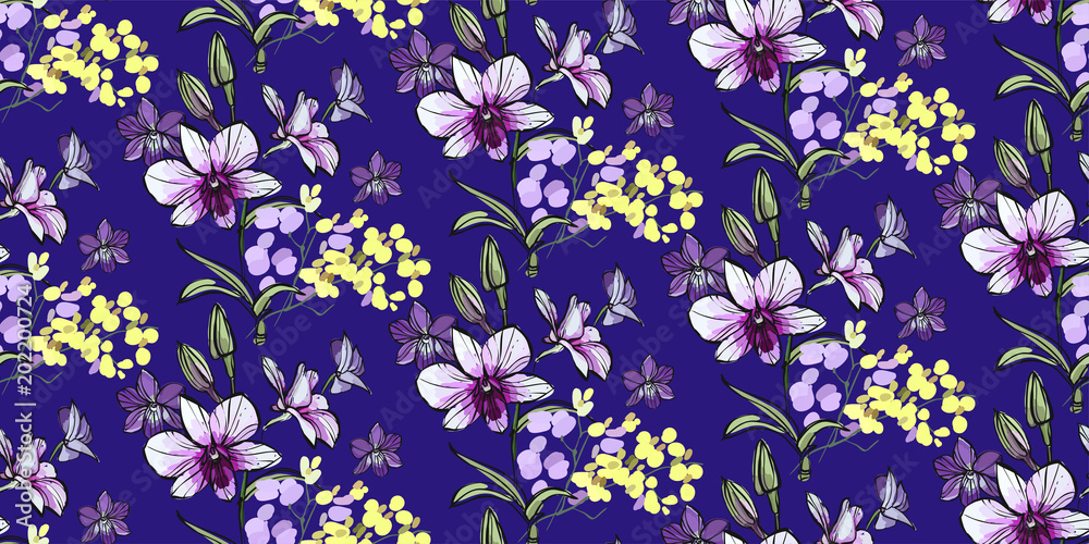 Floral seamless pattern with different flowers and leaves. Botanical illustration  hand painted. Textile print, fabric swatch, wrapping paper.