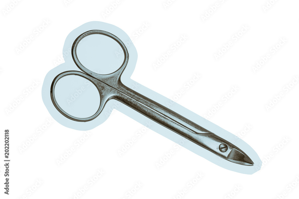 Crown scissors close-up on white background. Vertical-curved, high-durability. Isolated image of medical scissors. Vintage image of dental tool. Crown scissors close-up on white background. Vertical-curved, high-durability. Isolated image of medical scissors. Vintage image of dental tool.