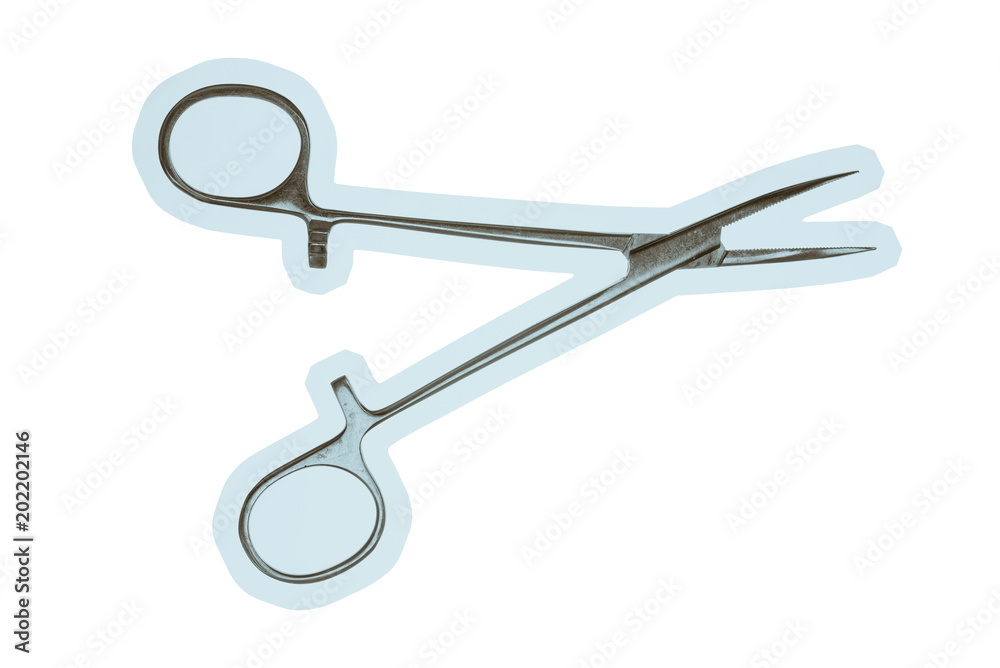 Pean's clamp close-up on white background. Isolated image of surgical clamp. Vintage image of medical tool. Pean's clamp close-up on white background. Isolated image of surgical clamp. Vintage image of medical tool.