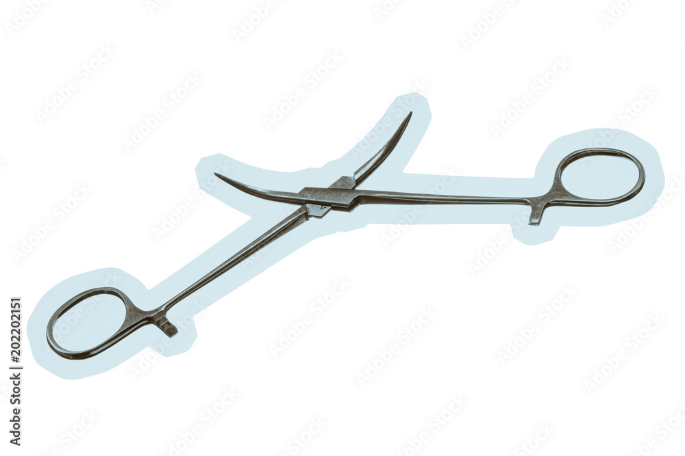 Pean's clamp close-up on white background. Isolated image of surgical clamp. Vintage image of medical tool. Pean's clamp close-up on white background. Isolated image of surgical clamp. Vintage image of medical tool.