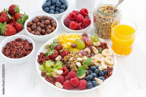 products for a healthy breakfast - berries, fruit and cereal in the plate on white background, top view