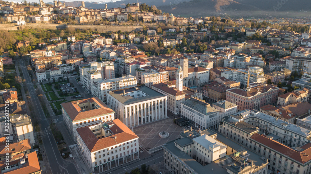 Bergamo, Italy. Drone aerial view of the city center of the lower town Bergamo, Italy. Drone aerial view of the city center of the lower town