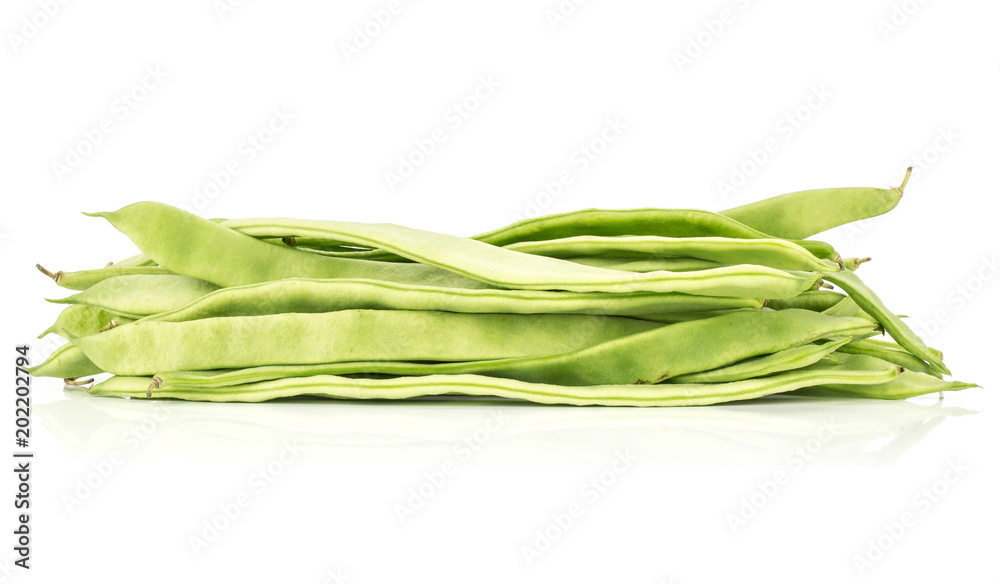 Flat green beans heap isolated on white background. Flat green beans heap isolated on white background.