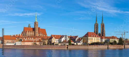 View at Tumski island and Cathedral of St John the Baptist on the Odra river in Wroclaw, Poland