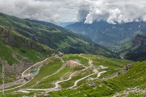 View from Rohtang pass at beautiful green Kullu valley in Himachal Pradesh state  India