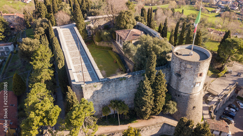 Bergamo, Old city. Drone aerial view of the old fortress