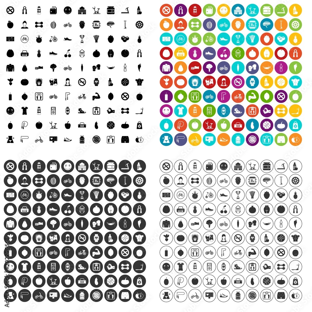 100 fitness icons set vector in 4 variant for any web design isolated on white