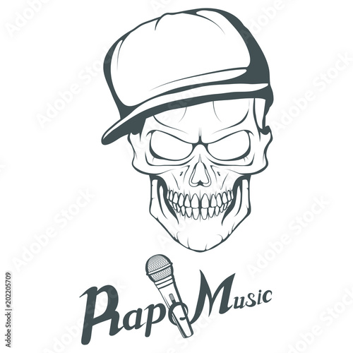 Rap music logo. Rapper skull on white background. Lettering with a microphone. Vector graphics to design.