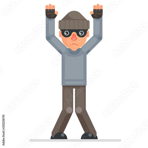 Hands up surrender caught evil greedily thief cartoon rogue bulgar captured character flat design isolated vector illustration