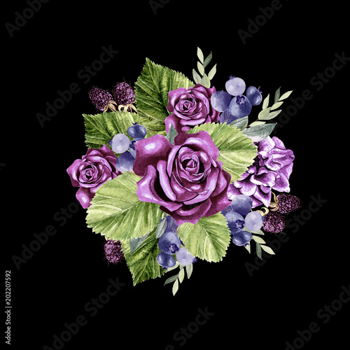 A beautiful watercolor bouquet with roses and peony flowers, eucalyptus and b...
