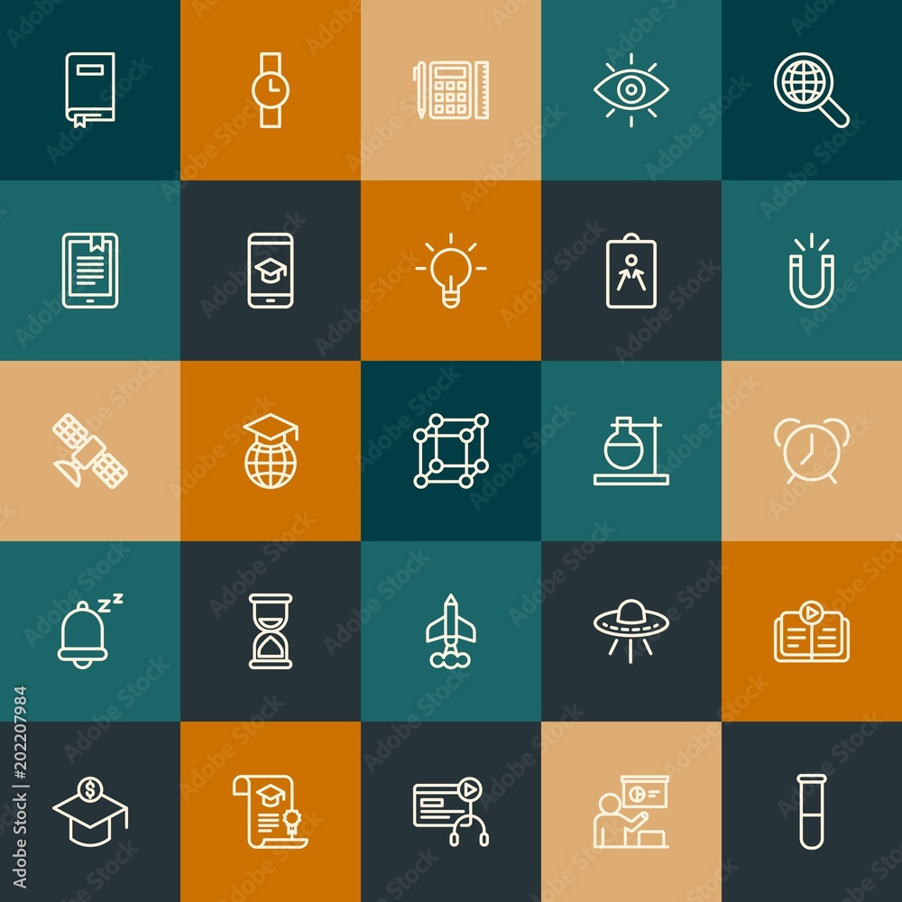 Modern Simple Set of science, time, education Vector outline Icons. Contains such Icons as  blended,  research,  science,  global and more on vintage colors background. Fully Editable. Pixel Perfect.