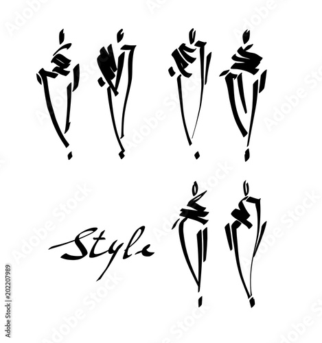 Fashion models sketch hand drawn , stylized silhouettes isolated. Vector fashion illustration set.
