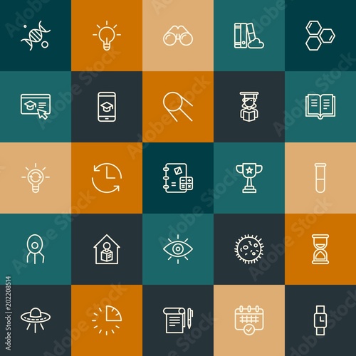 Modern Simple Set of science, time, education Vector outline Icons. Contains such Icons as illness, solution, biology, zoom and more on vintage colors background. Fully Editable. Pixel Perfect.
