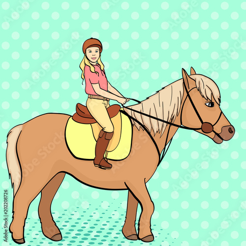 equestrian sport for children. Isolated on pop art background. Vector illustratio. Comic book style imitation