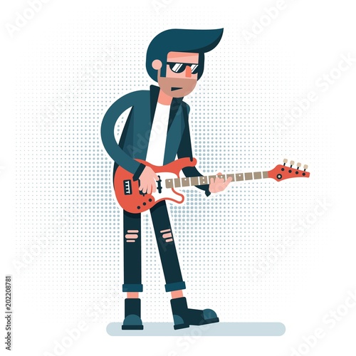 Cartoon rock musician in  leather jacket, sunglasses, torn jeans  playing on red bass guitar. Flat style.
