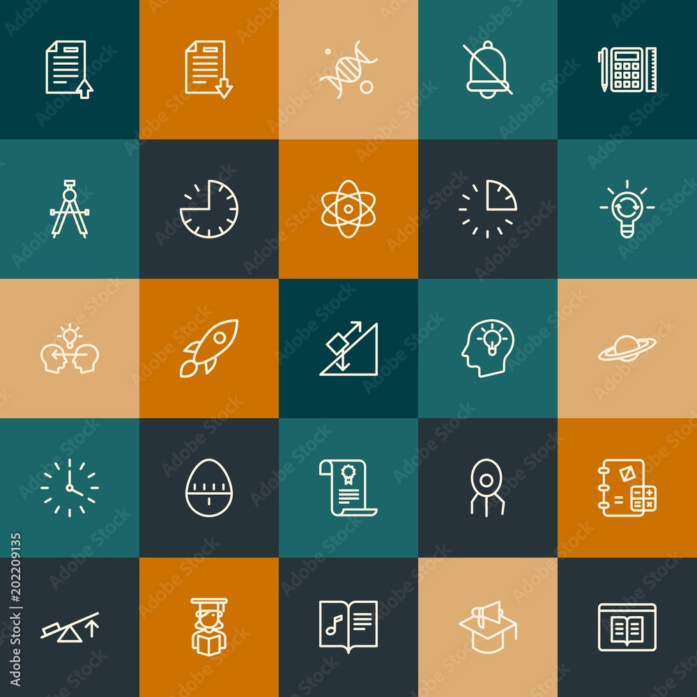 Modern Simple Set of science, time, education Vector outline Icons. Contains such Icons as  store, hour, dna,  musical,  science,  and more on vintage colors background. Fully Editable. Pixel Perfect.