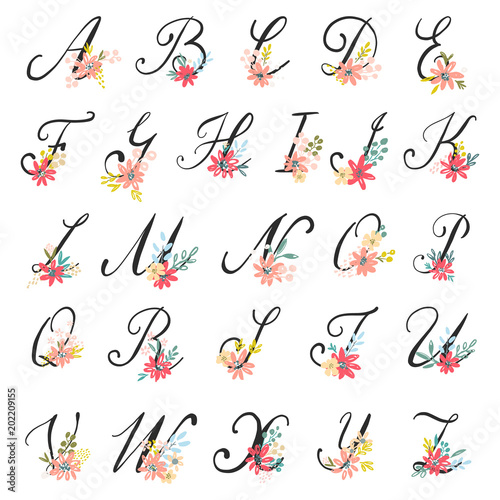Beautiful floral letters in alphabetical order. Vector colorful flower font.
