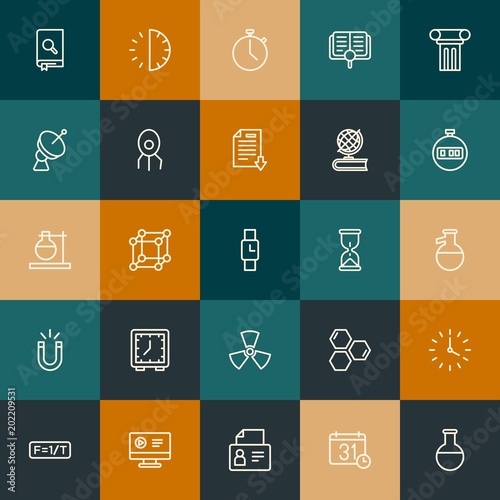 Modern Simple Set of science, time, education Vector outline Icons. Contains such Icons as laboratory, watch, chemistry, book and more on vintage colors background. Fully Editable. Pixel Perfect.