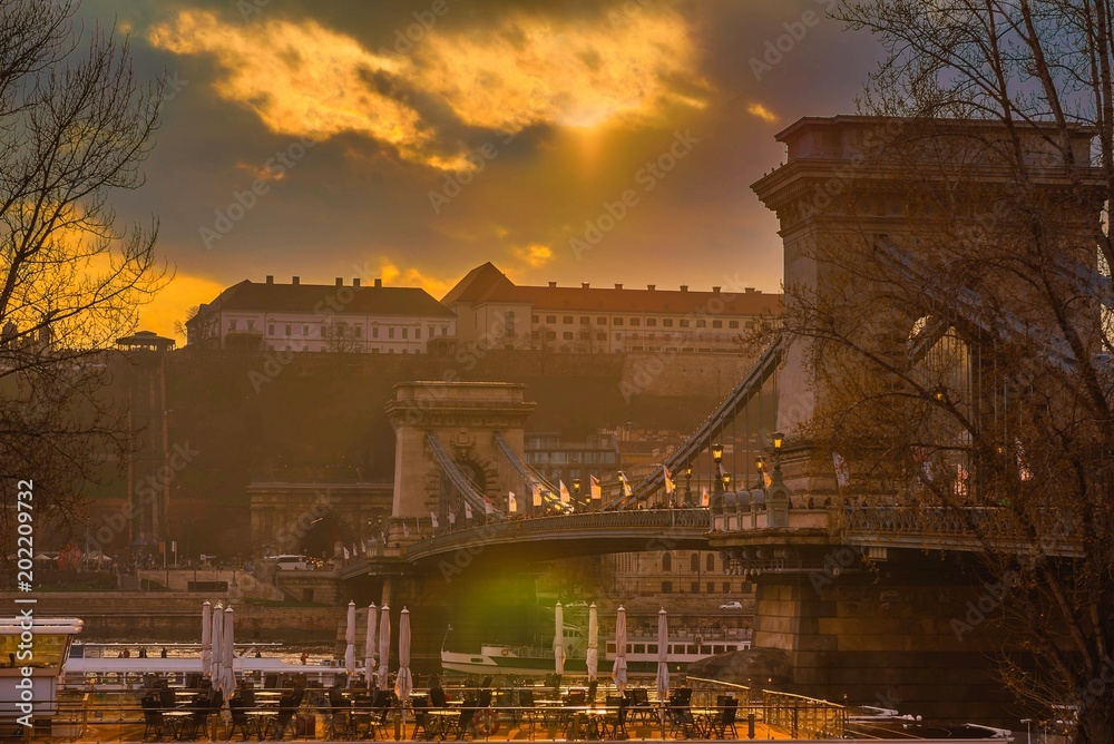 Sunset over Chain bridge in Budapest, Hungary