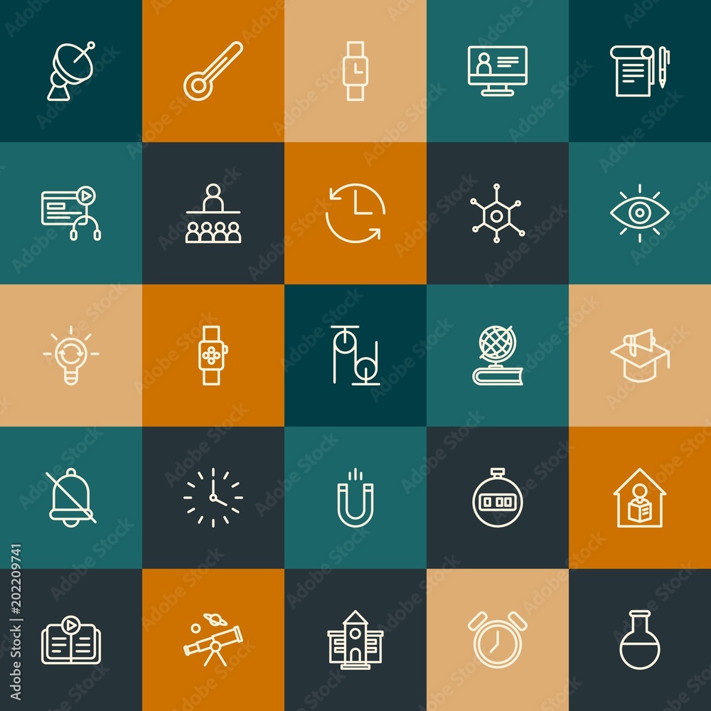 Modern Simple Set of science, time, education Vector outline Icons. Contains such Icons as  dish,  chronometer,  communication and more on vintage colors background. Fully Editable. Pixel Perfect.