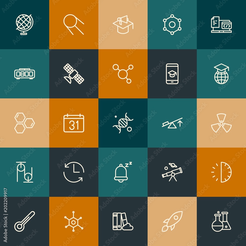 Modern Simple Set of science, time, education Vector outline Icons. Contains such Icons as  geography,  science,  half, 30,  hour and more on vintage colors background. Fully Editable. Pixel Perfect.