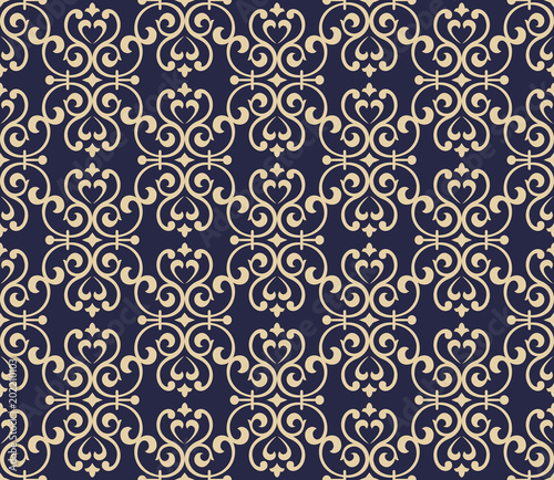 Wallpaper in the style of Baroque. A seamless vector background. Blue and gold floral ornament. Graphic vector pattern