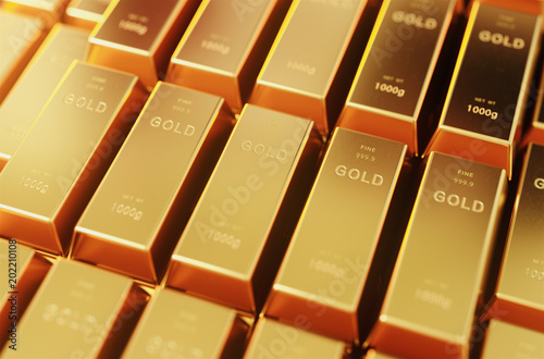 Stacked gold bars golden ingot background.3d rendering.