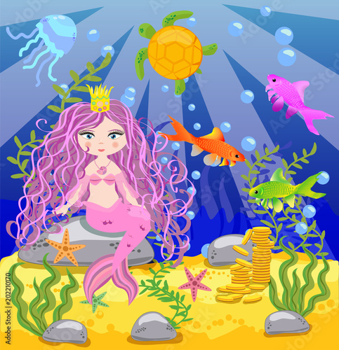 Vector background with an underwater world in a children's style. A mermaid is sitting on a rock. Wooden chest with gold on the bottom of the sea. Seabed in a cartoon style.