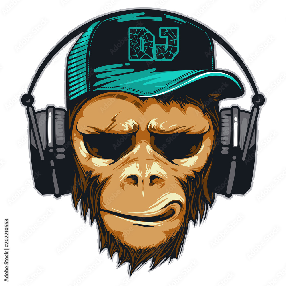 Naklejka Muzyka fanów hipster małpa w sluchawkach. Szympans DJ