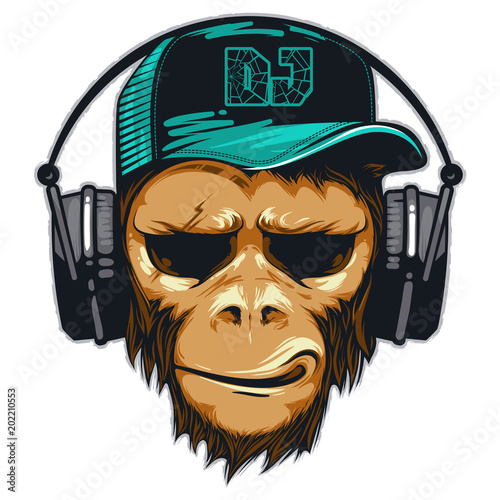 Naklejka Muzyka fanów hipster małpa w sluchawkach. Szympans DJ