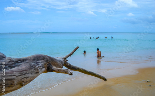 Scene of people playing in blue sea and blue sky through large timber phuket thailand.