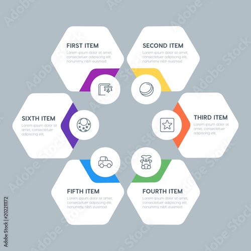Flat geometric health, kids_and_toys infographic steps template with 6 options for presentations, advertising, annual reports. © djvectors