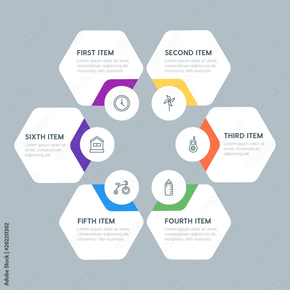 Flat geometric health, kids_and_toys infographic steps template with 6 options for presentations, advertising, annual reports. Flat geometric health, kids_and_toys infographic steps template with 6 options for presentations, advertising, annual reports.
