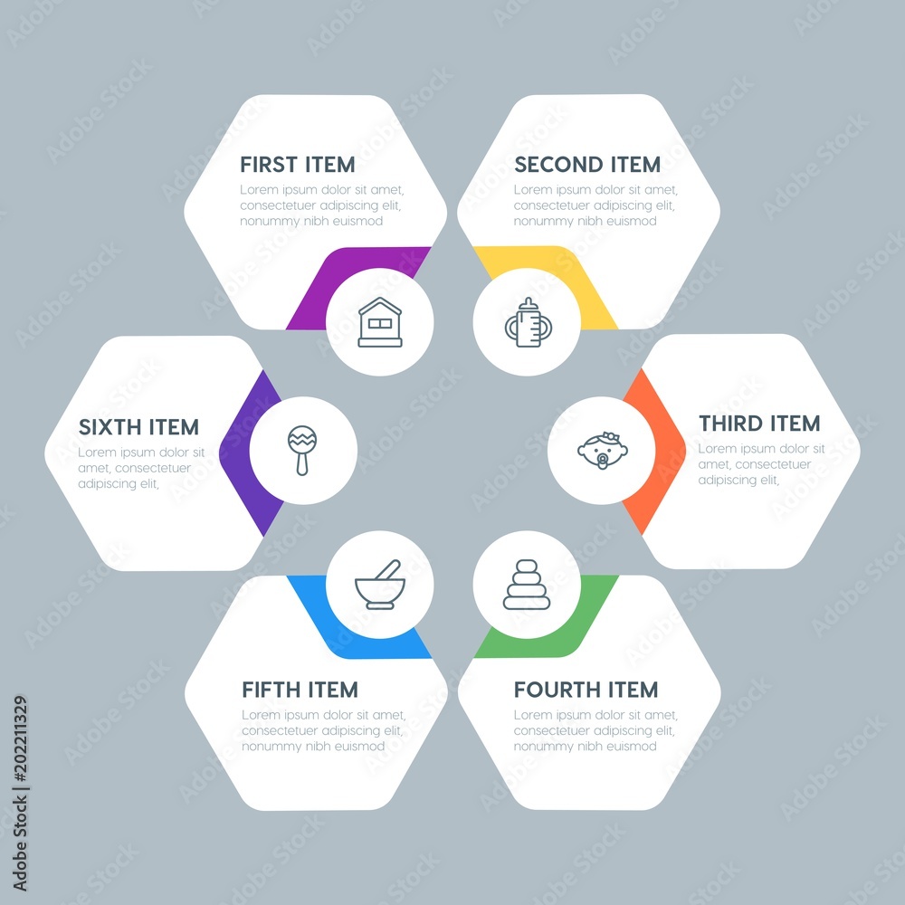 Flat geometric health, kids_and_toys infographic steps template with 6 options for presentations, advertising, annual reports. Flat geometric health, kids_and_toys infographic steps template with 6 options for presentations, advertising, annual reports.
