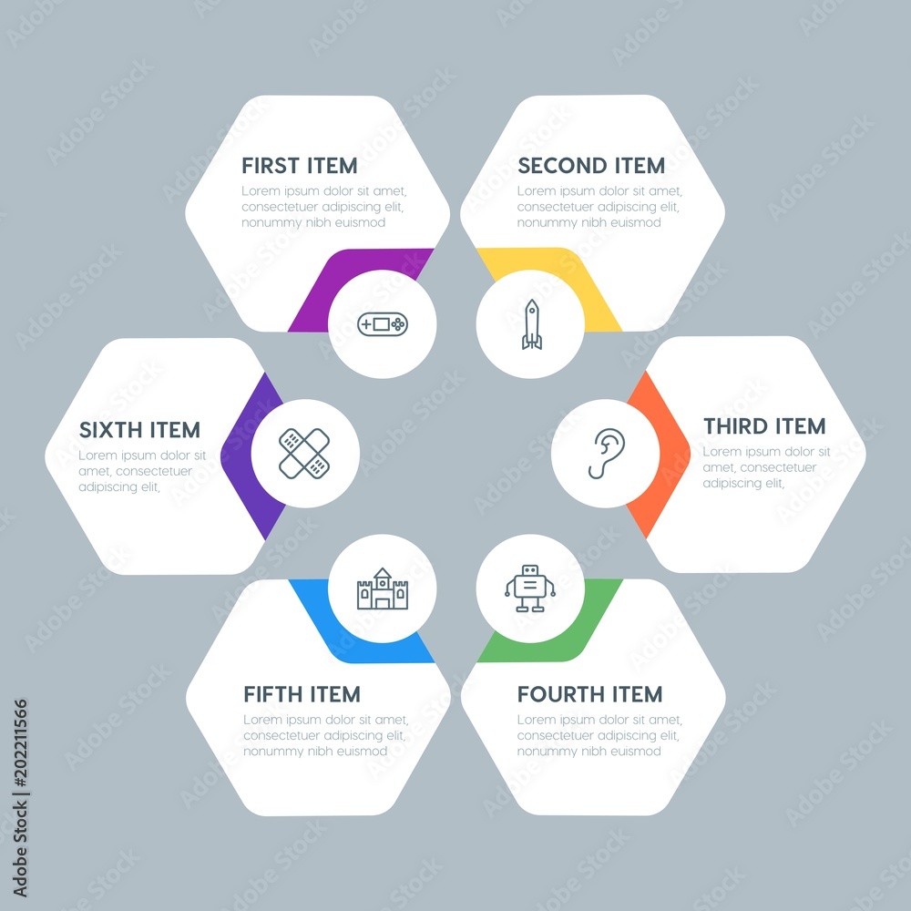 Fototapeta premium Flat geometric health, kids_and_toys infographic steps template with 6 options for presentations, advertising, annual reports.