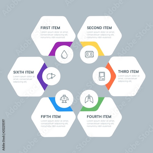 Flat geometric health, kids_and_toys infographic steps template with 6 options for presentations, advertising, annual reports.