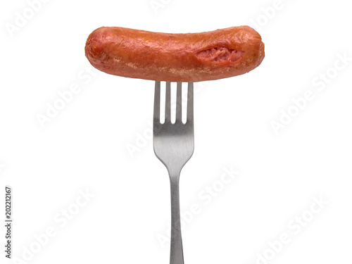 grilled sausage on fork isolated on white background