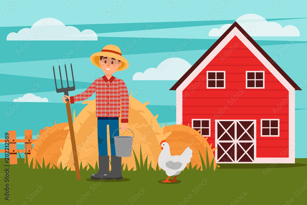 Fototapeta premium Farmer with pitchfork and bucket. Chicken walking on green meadow. Heaps of hay, fence and barn on background. Rural landscape. Flat vector
