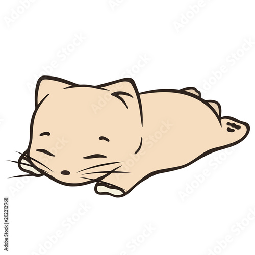 Cozy kitten lies on stomach vector illustration. Small cat sleep. Cartoon kitty sleeping. Cute sleeping cartoon cat, artwork for children wear in custom colors. Pet isolated on white background. 