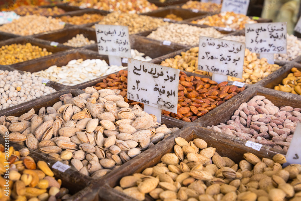 Selection of spices on a traditional market in Amman, Jordan.
