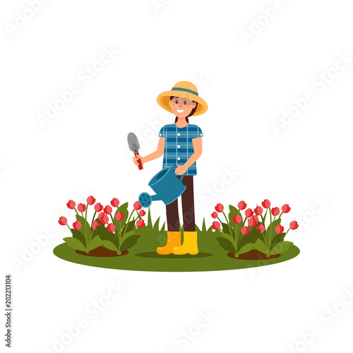 Smiling woman watering spring flowers. Young girl working in garden. Flower beds with tulips. Flat vector illustration