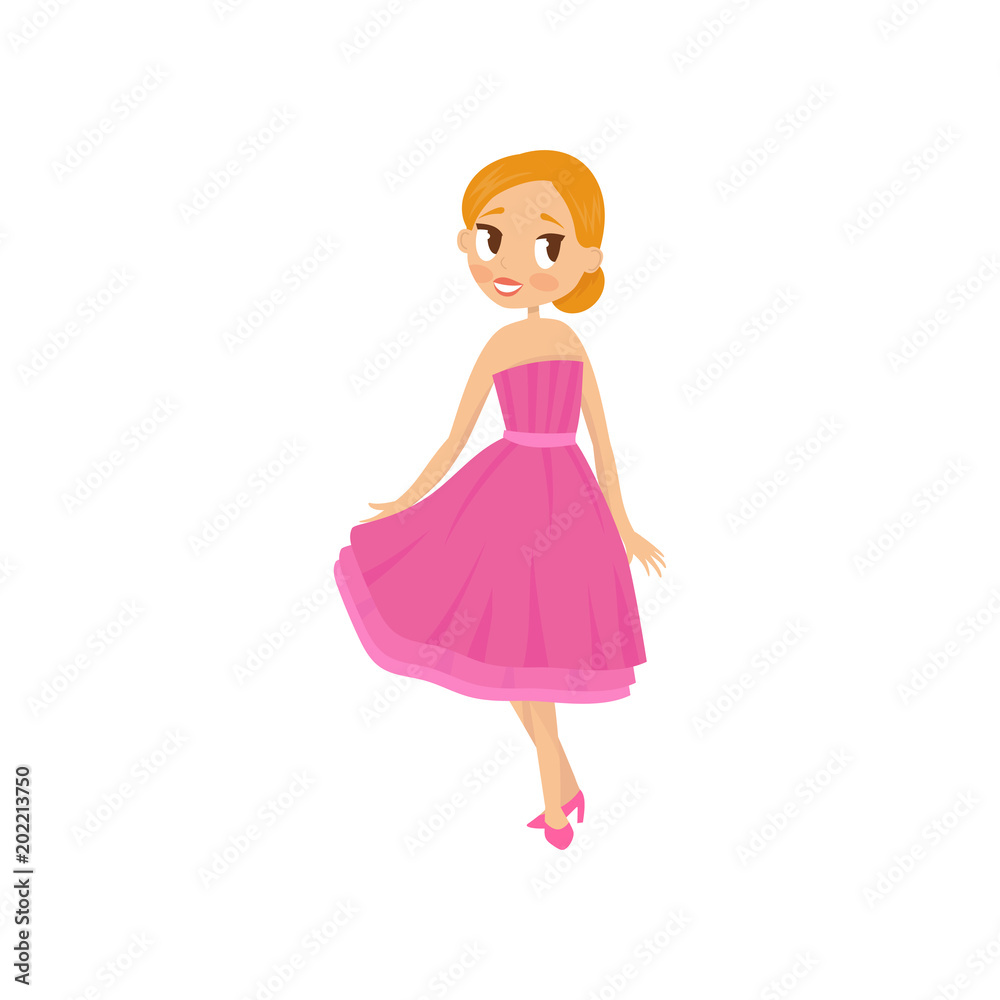 Young red-haired girl wearing beautiful pink dress and high heels shoes. Female character with cheerful face expression. Flat vector design Young red-haired girl wearing beautiful pink dress and high heels shoes. Female character with cheerful face expression. Flat vector design