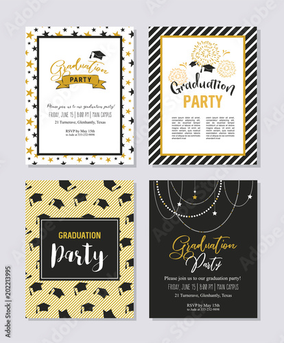 Graduation Class of 2018 greeting card and invitation template set. Vector party invitation. Grad poster.