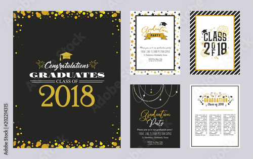 Graduation Class of 2018 greeting card and invitation template set. Vector party invitation. Grad poster.