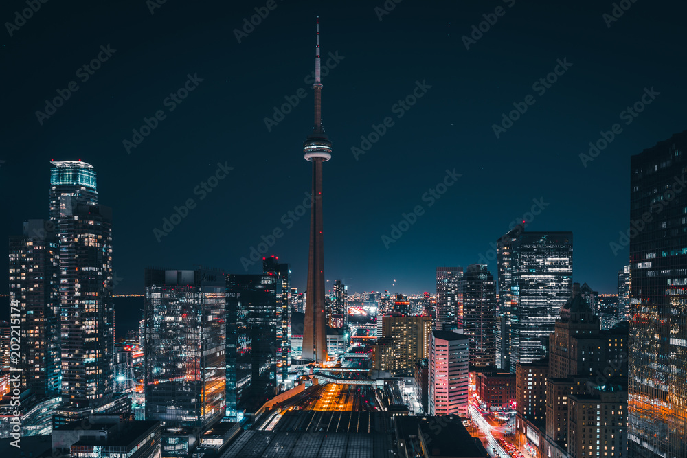 Entire futuristic city skyline view of downtown Toronto Canada. Modern buildings, urban architecture, cars travelling. construction and development in a busy city