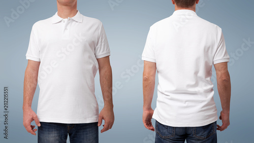 Tshirt design and clothing concept. Young man in blank white shirt front and rear isolated.